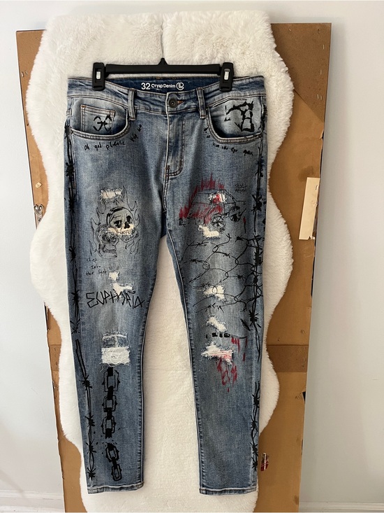 Other - Crysp Denim Graphic Distressed Jeans Size 32 Streetwear Skeleton Barbed Wire